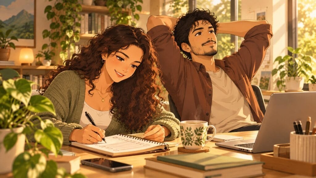 Anime couple taking a calm afternoon reset in a sunlit home office, with stretching, a notebook, tea and a laptop to regain focus.