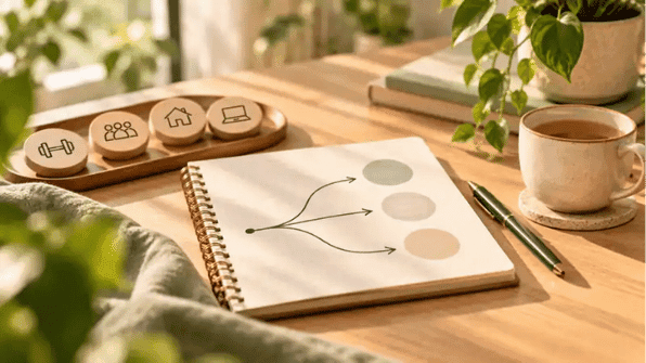 A calm sunlit desk with a simple decision path and life-priority symbols representing a clear next step through decision fatigue.
