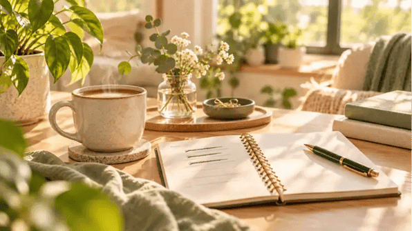 A warm hopeful sunlit desk scene with a fresh notebook page, coffee, greenery, and a calm reset feeling after a difficult start.
