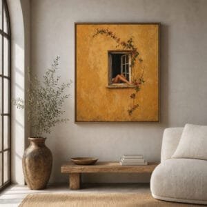 Woman's Legs at Open Window Canvas Wall Art | Warm Ochre Wall & Floral Vine Stretched Canvas Print