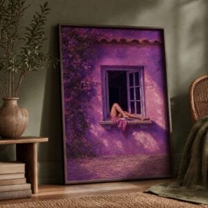 Woman Relaxing in Window Canvas Wall Art | Purple Mediterranean Scene Stretched Canvas Print