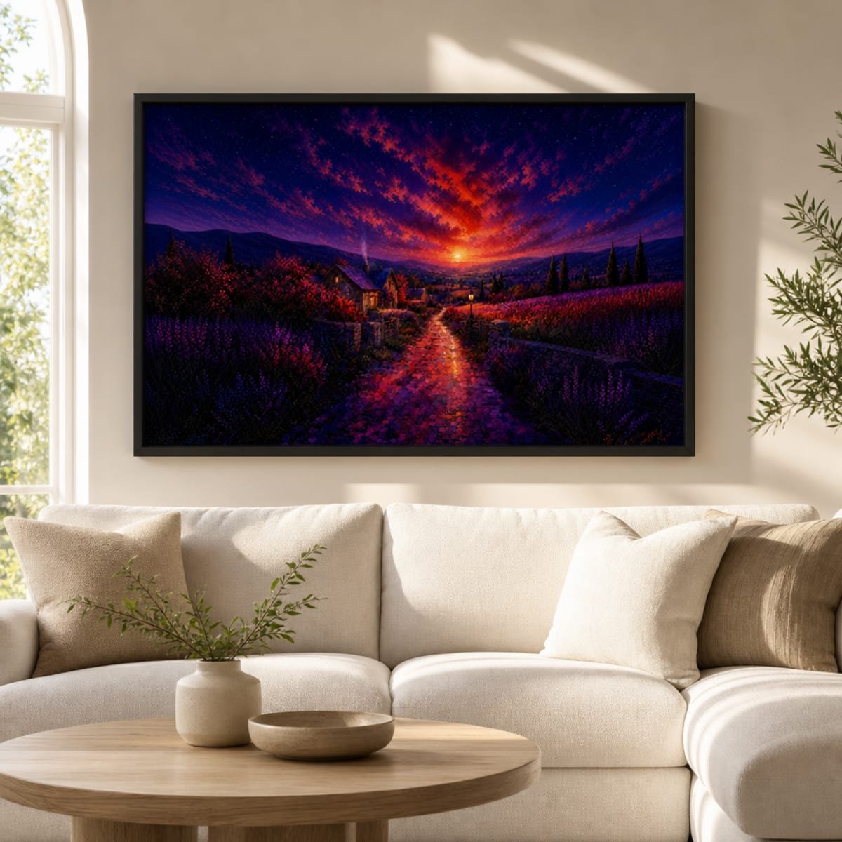 Sunset Cottage Landscape Canvas Wall Art | Lavender Fields & Countryside Stretched Canvas Print - Image 4