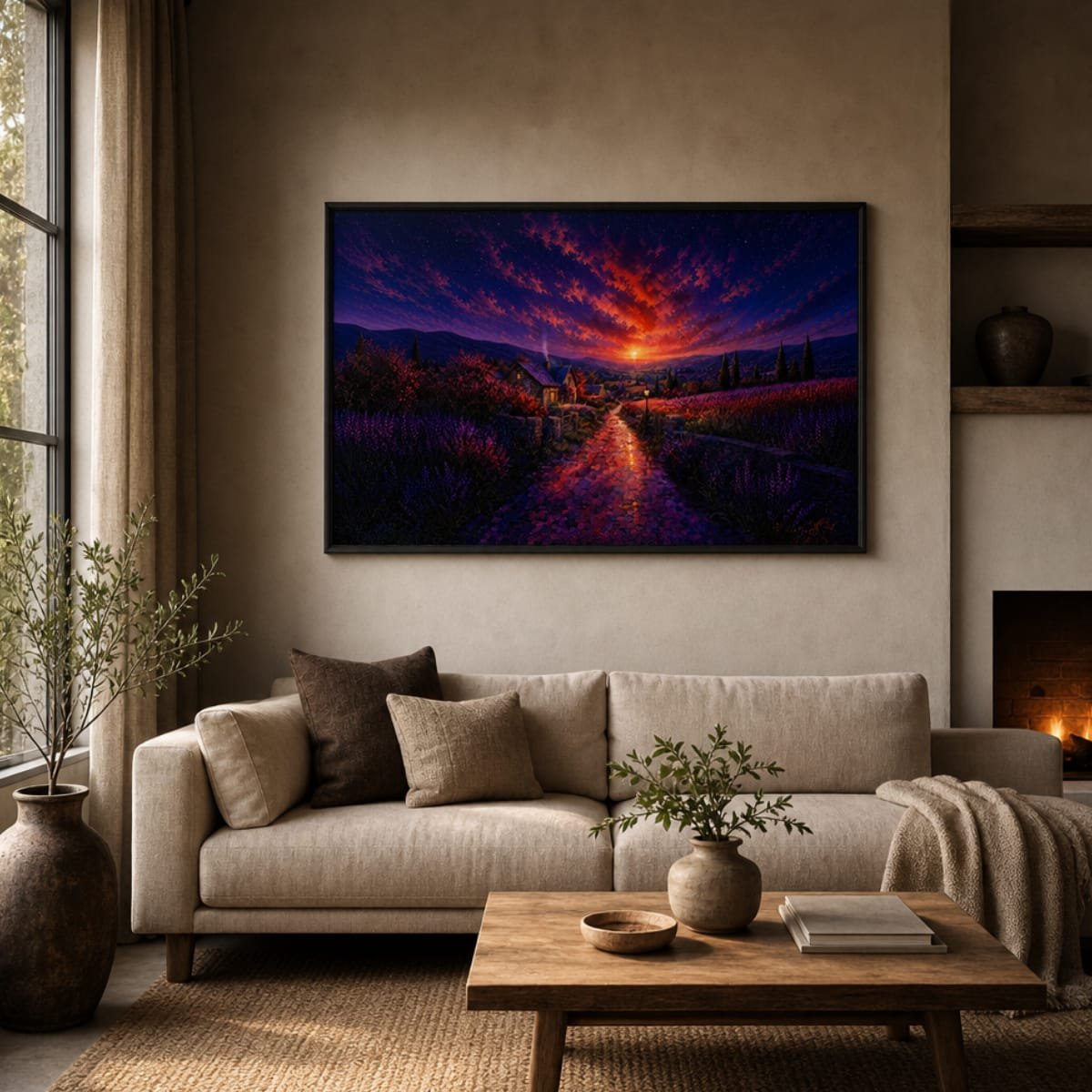 Sunset Cottage Landscape Canvas Wall Art | Lavender Fields & Countryside Stretched Canvas Print