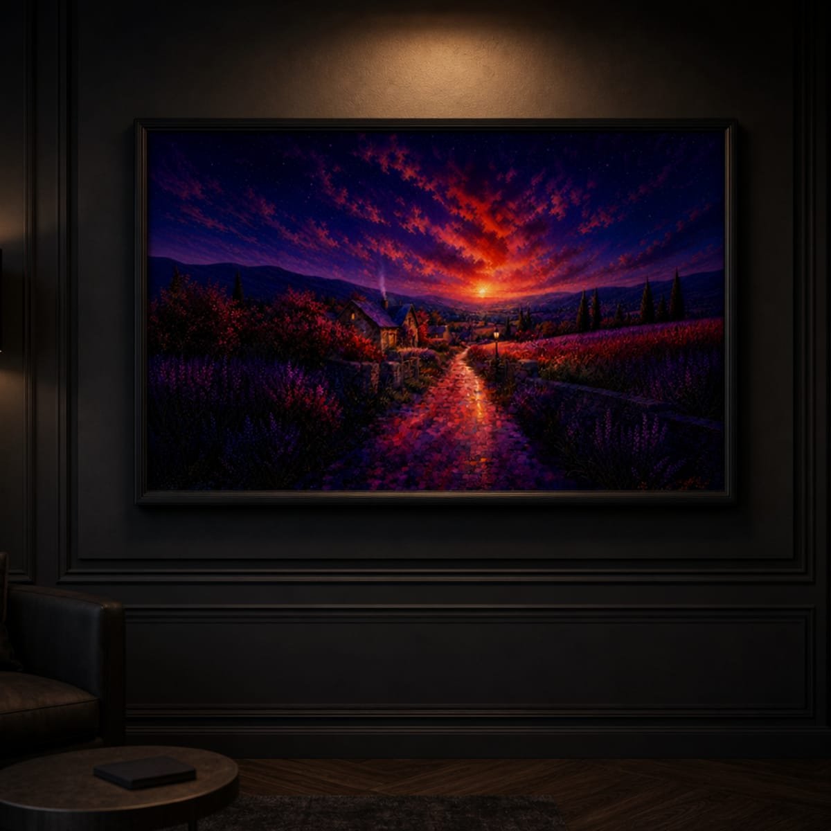 Sunset Cottage Landscape Canvas Wall Art | Lavender Fields & Countryside Stretched Canvas Print - Image 3