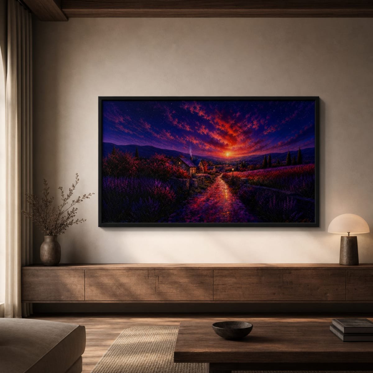 Sunset Cottage Landscape Canvas Wall Art | Lavender Fields & Countryside Stretched Canvas Print - Image 2