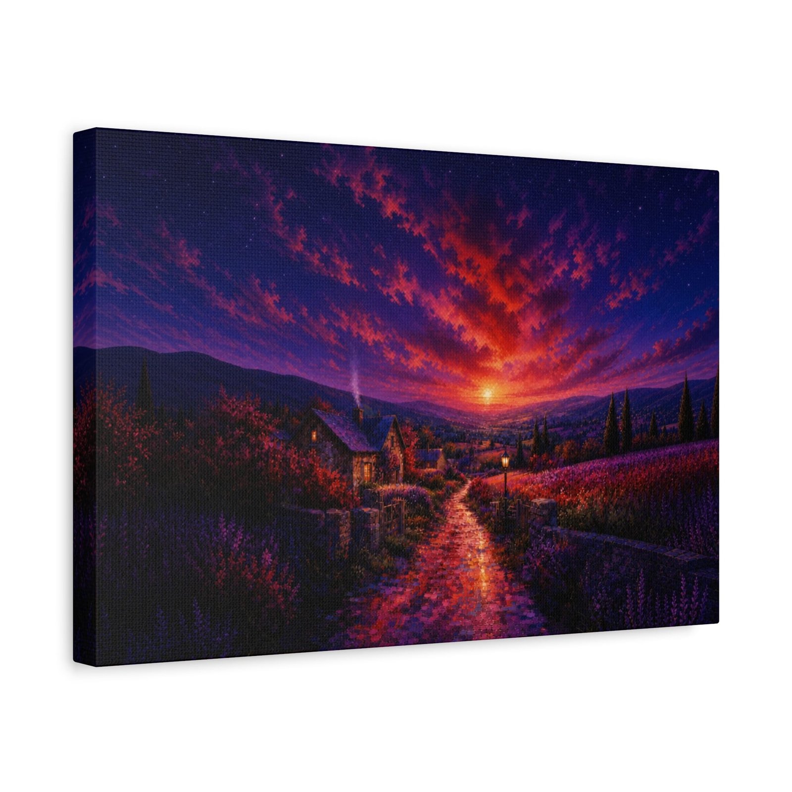 Sunset Cottage Landscape Canvas Wall Art | Lavender Fields & Countryside Stretched Canvas Print - Image 5