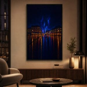 Neon City Nightscape Canvas Wall Art | Rainy Urban Skyline & Cyberpunk Stretched Canvas Print