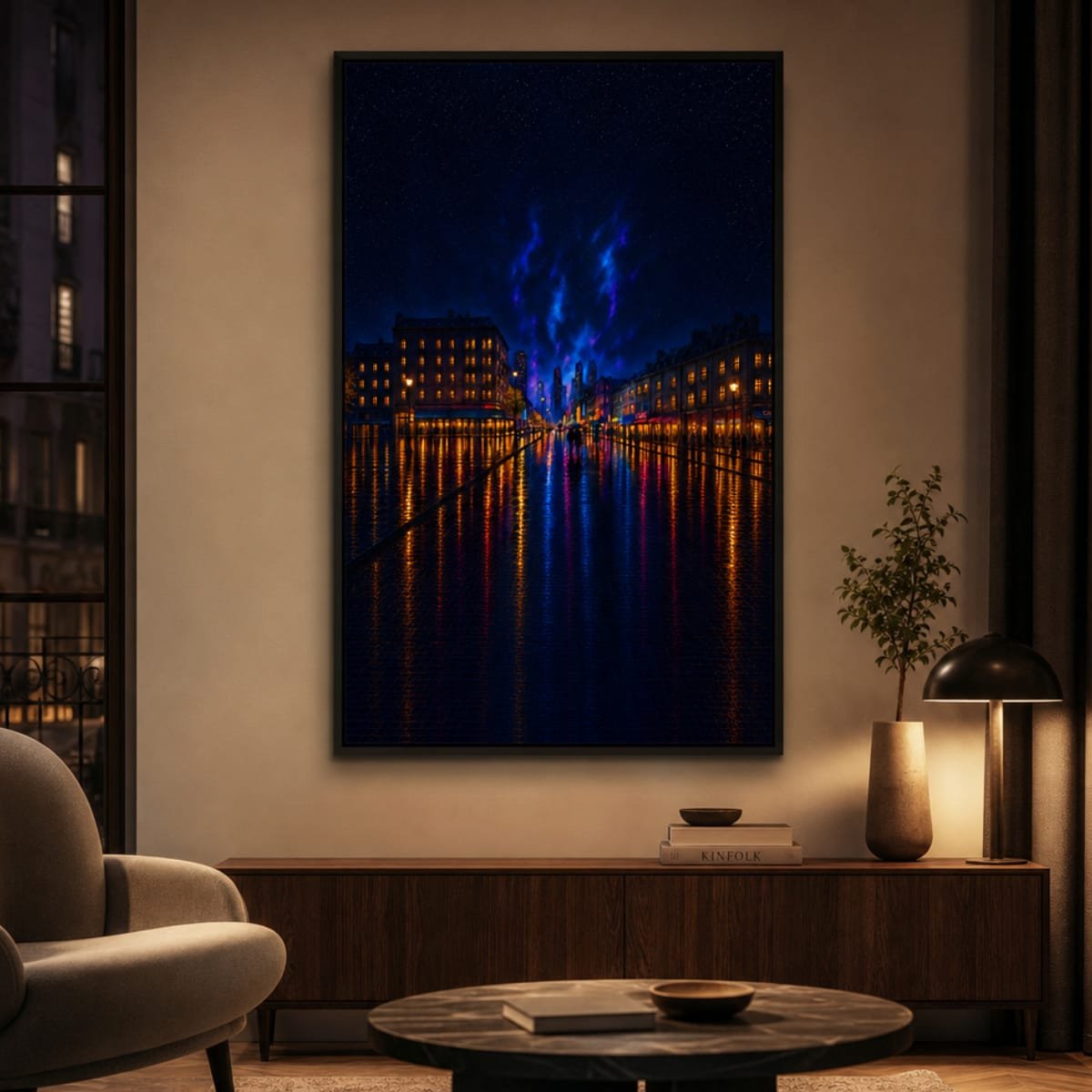 Neon City Nightscape Canvas Wall Art | Rainy Urban Skyline & Cyberpunk Stretched Canvas Print