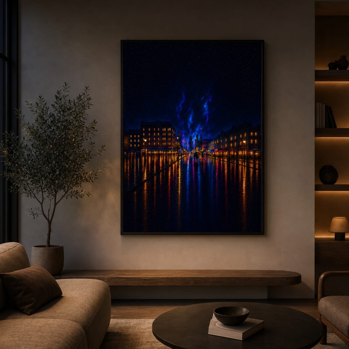Neon City Nightscape Canvas Wall Art | Rainy Urban Skyline & Cyberpunk Stretched Canvas Print - Image 4