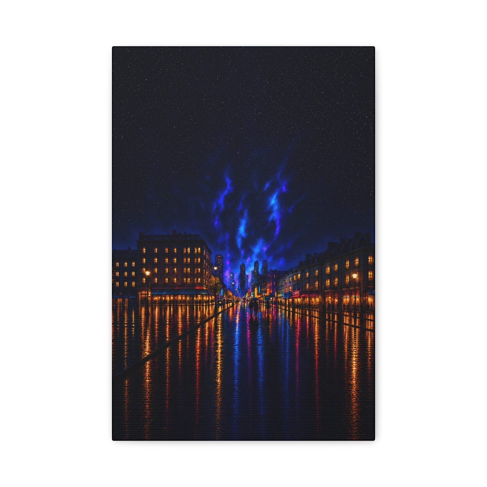Electric Blue City Waterfront Fine Art Poster | Night Skyline & Water Reflection Unframed Print