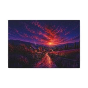 Sunset Countryside Landscape Fine Art Poster | Cottage Lavender Fields Unframed Art Print