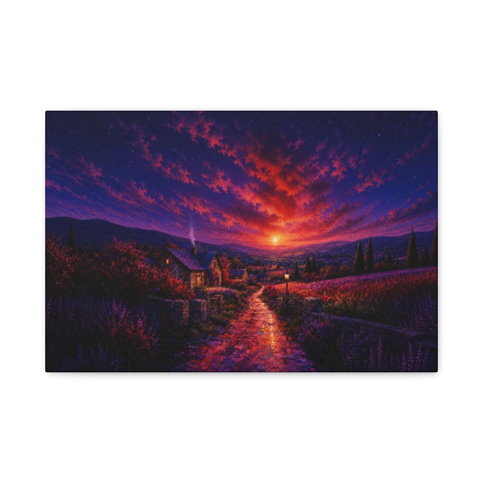 Sunset Countryside Landscape Fine Art Poster | Cottage Lavender Fields Unframed Art Print