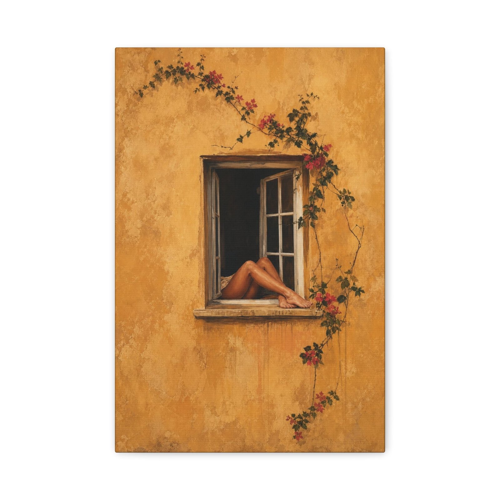 Legs in Window Fine Art Poster | Warm Ochre Wall Print & Floral Vine Unframed Art