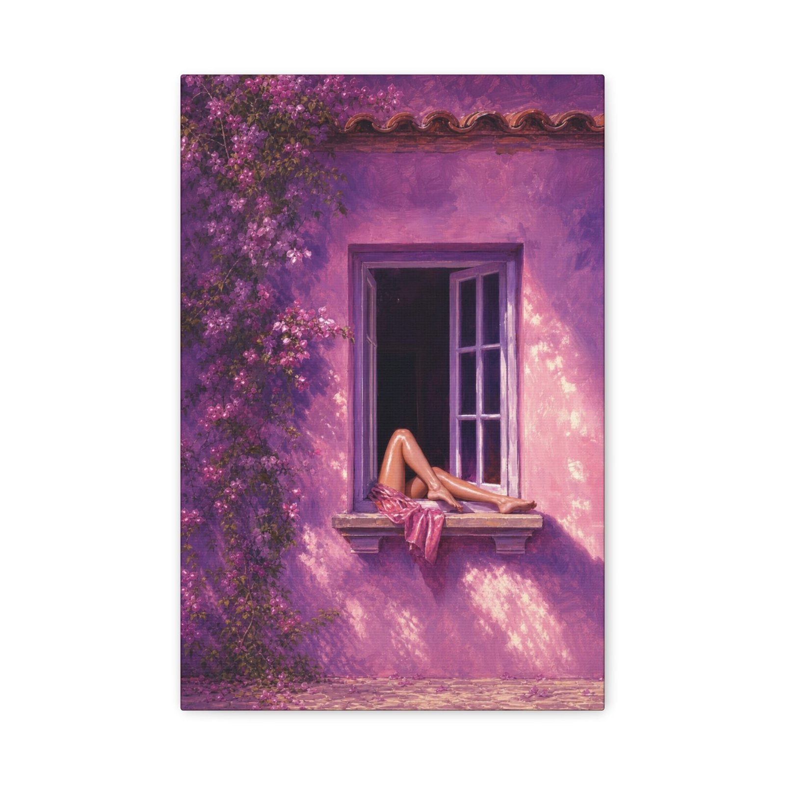 Woman at Open Window Fine Art Poster | Mediterranean Purple Wall Scene & Summer Aesthetic Unframed Print