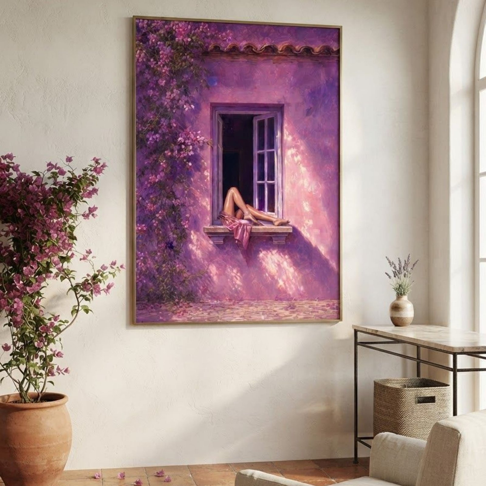 Woman at Open Window Fine Art Poster | Mediterranean Purple Wall Scene & Summer Aesthetic Unframed Print - Image 2