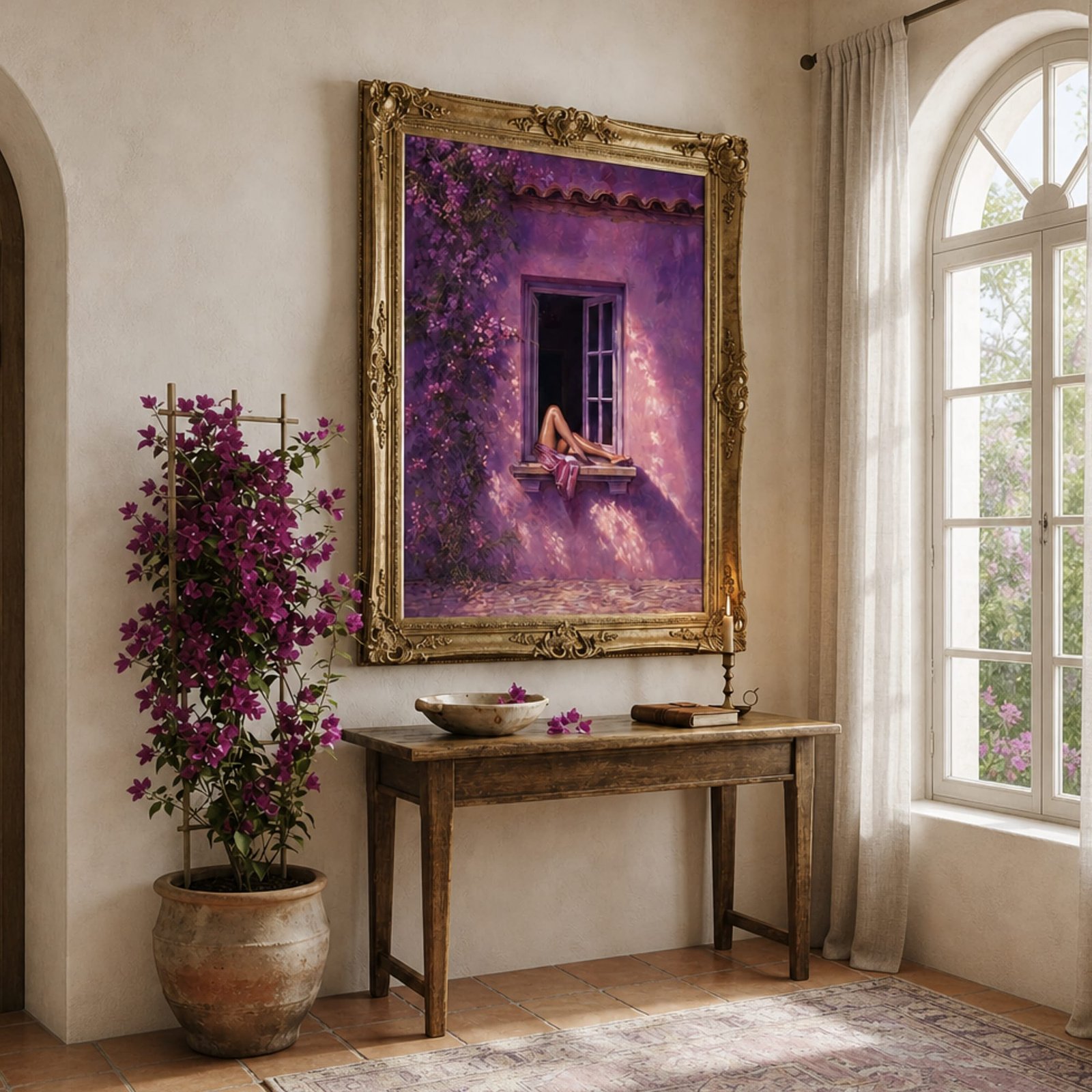 Woman at Open Window Fine Art Poster | Mediterranean Purple Wall Scene & Summer Aesthetic Unframed Print - Image 4