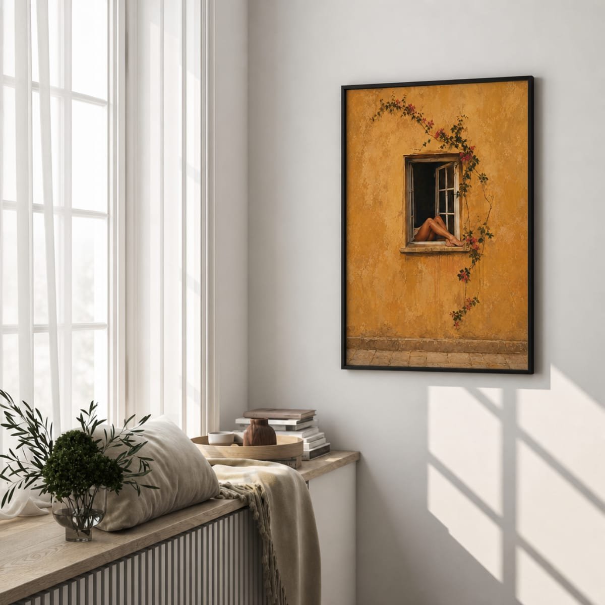 Legs in Window Fine Art Poster | Warm Ochre Wall Print & Floral Vine Unframed Art - Image 5