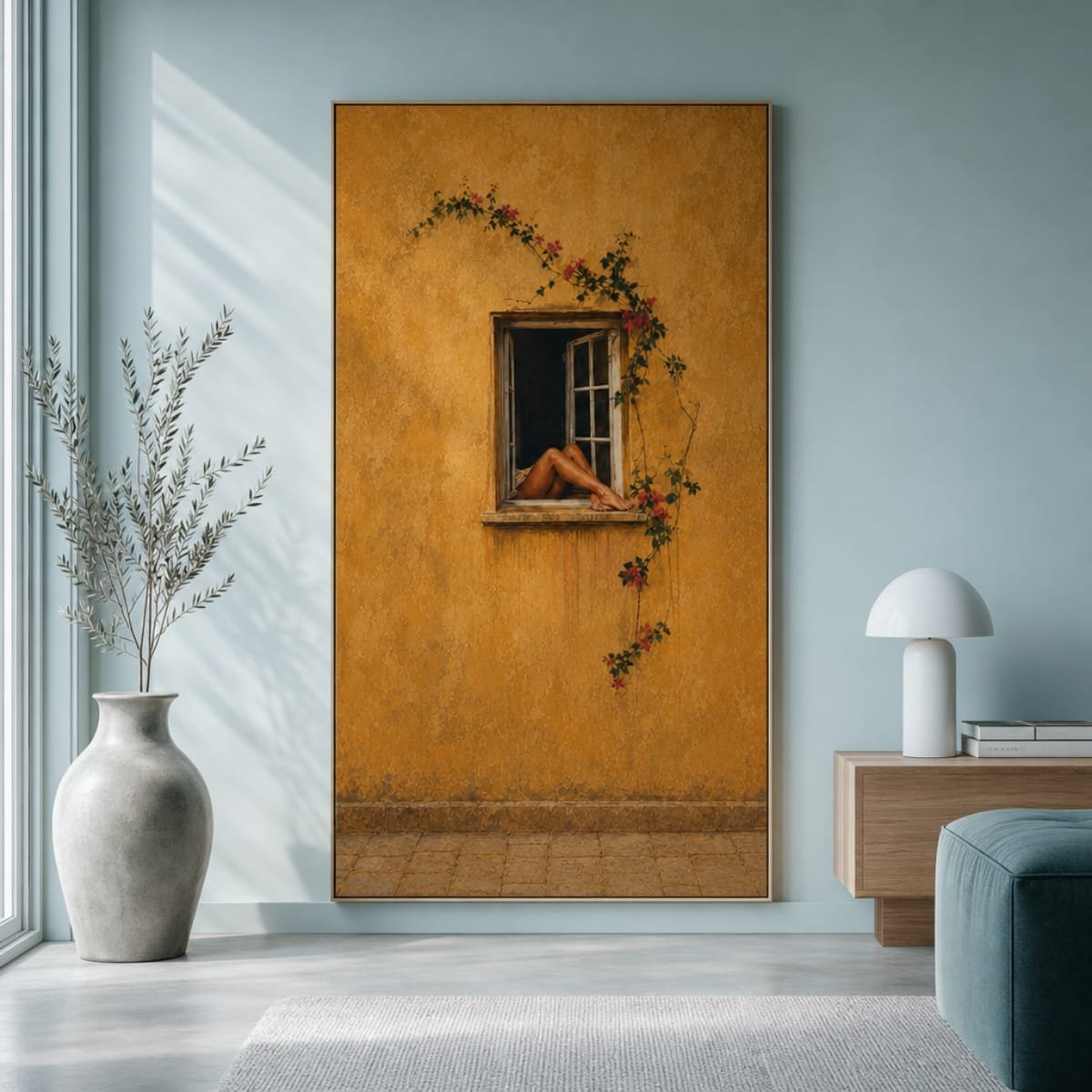 Legs in Window Fine Art Poster | Warm Ochre Wall Print & Floral Vine Unframed Art - Image 2