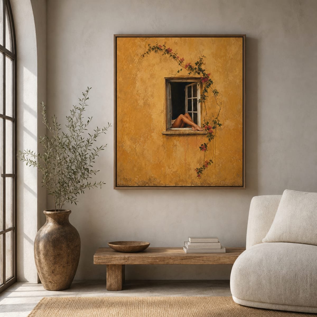 Legs in Window Fine Art Poster | Warm Ochre Wall Print & Floral Vine Unframed Art - Image 4