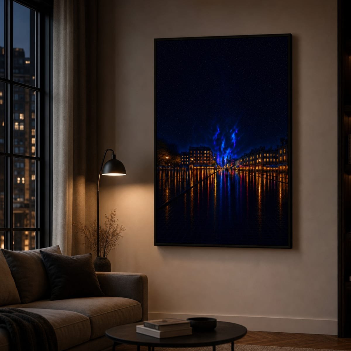 Electric Blue City Waterfront Fine Art Poster | Night Skyline & Water Reflection Unframed Print - Image 4