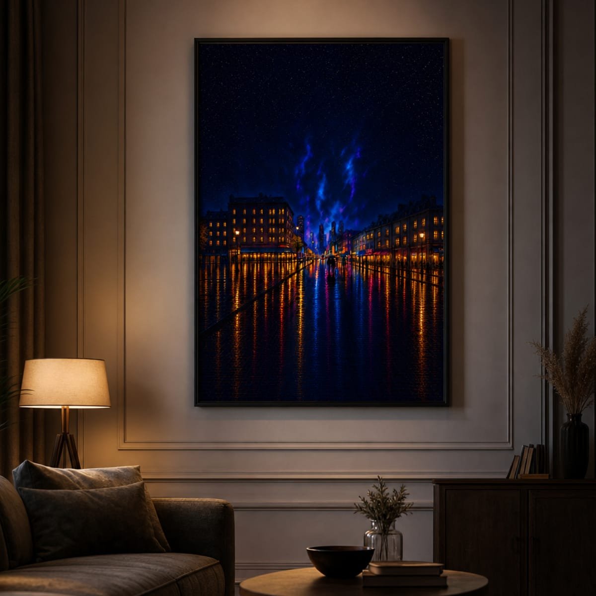 Electric Blue City Waterfront Fine Art Poster | Night Skyline & Water Reflection Unframed Print - Image 2