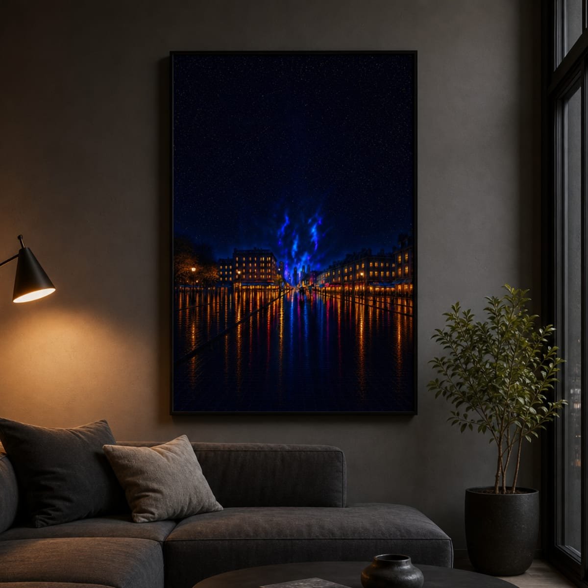 Electric Blue City Waterfront Fine Art Poster | Night Skyline & Water Reflection Unframed Print - Image 5