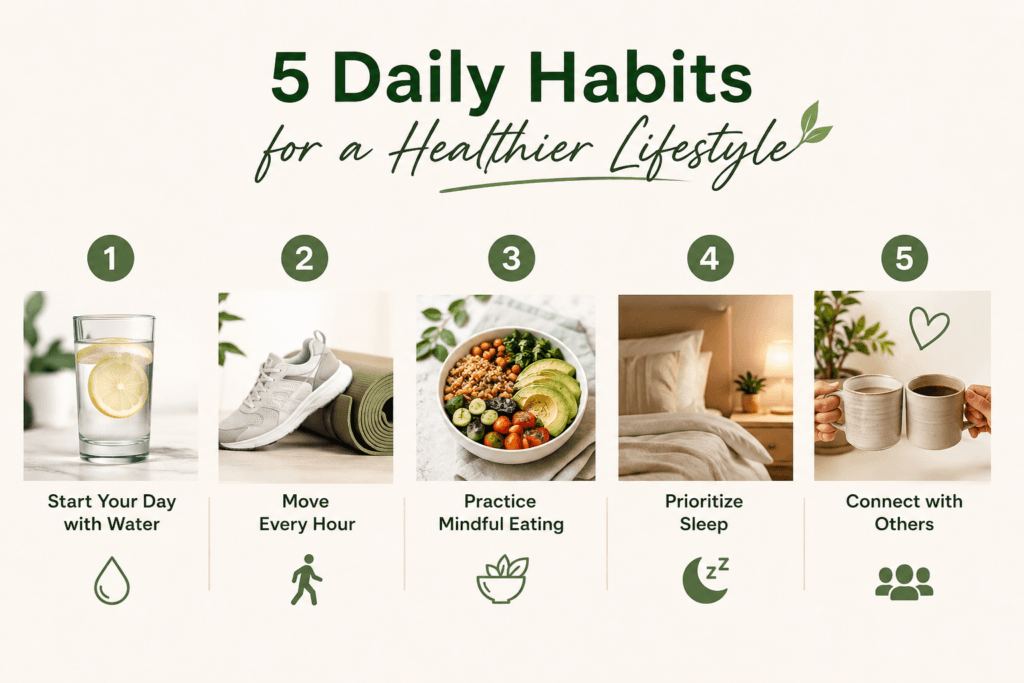 Infographic illustrating 5 daily habits for a healthy lifestyle.
