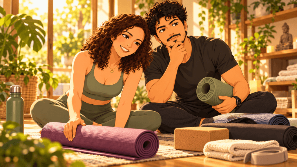 Anime couple comparing yoga mats and simple yoga gear in a bright, calm home wellness space.