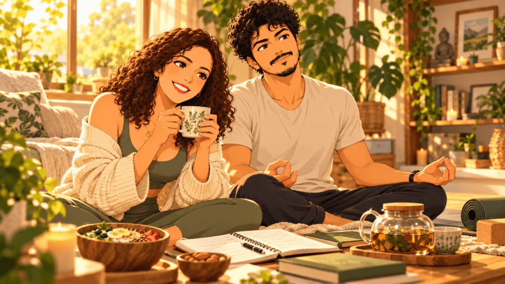 Anime couple enjoying a balanced holistic wellness routine with tea, healthy food, journaling, plants and a calm home setting.