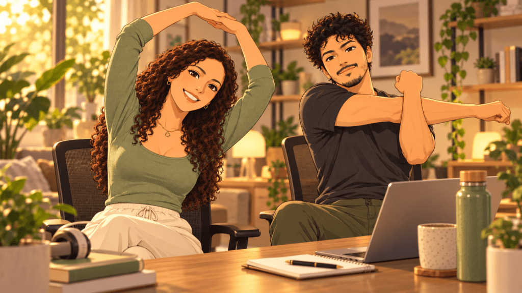 Anime couple doing simple desk-friendly stretches in a bright home office during a quick workday reset.