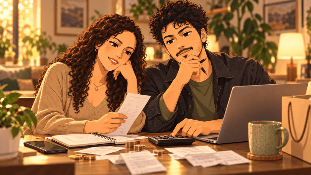 Anime couple reviewing a calculator, receipts and budget notes to decide whether a purchase is affordable.