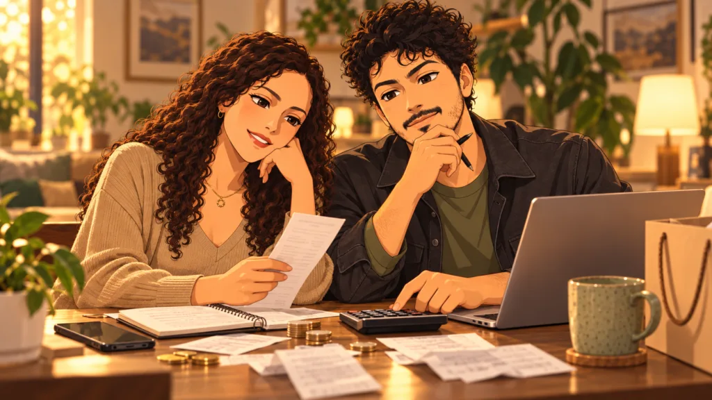 Anime couple reviewing a calculator, receipts and budget notes to decide whether a purchase is affordable.
