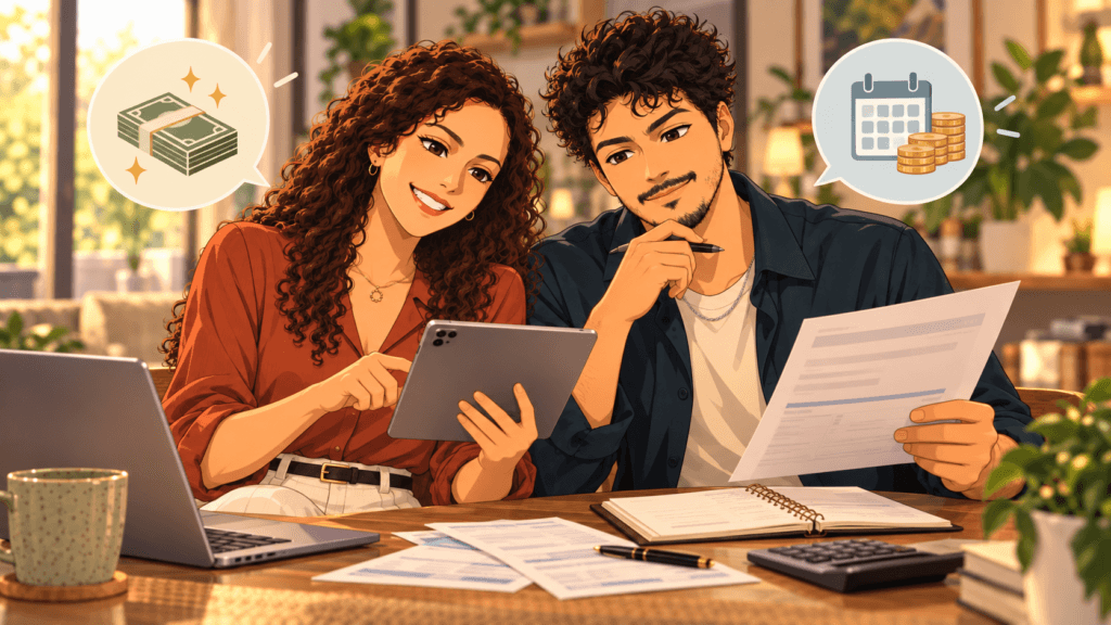 Anime couple comparing a monthly payment plan with paying in full using a tablet, bill and notebook.