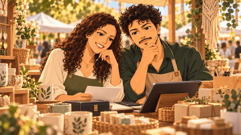 Anime couple evaluating craft fair profit at an artisan market stall with products, sales notes and a checkout tablet.