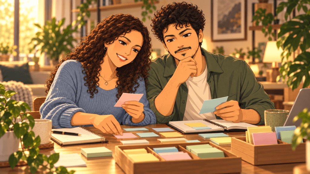 Anime couple sorting notes into a calmer organized system to reduce mental clutter and competing thoughts.