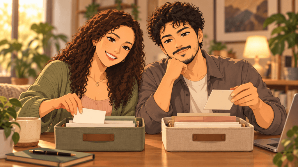 Anime couple separating active tasks from waiting tasks with organized trays and notes in a calm workspace.