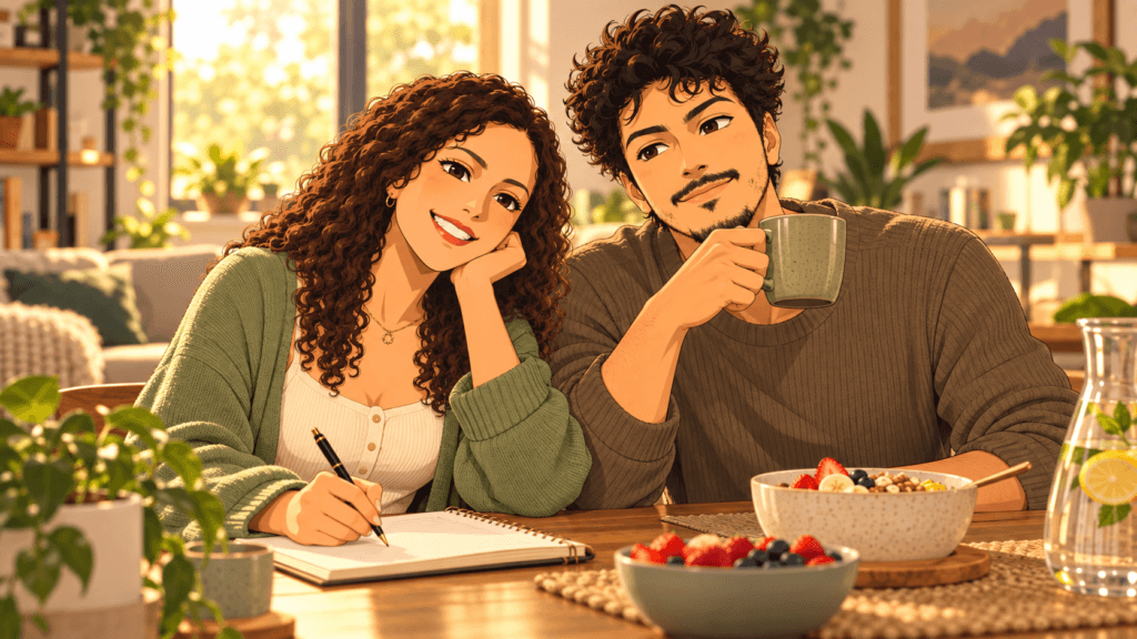Anime couple enjoying a simple low-friction wellness routine with tea, breakfast, a journal and a calm morning setting.