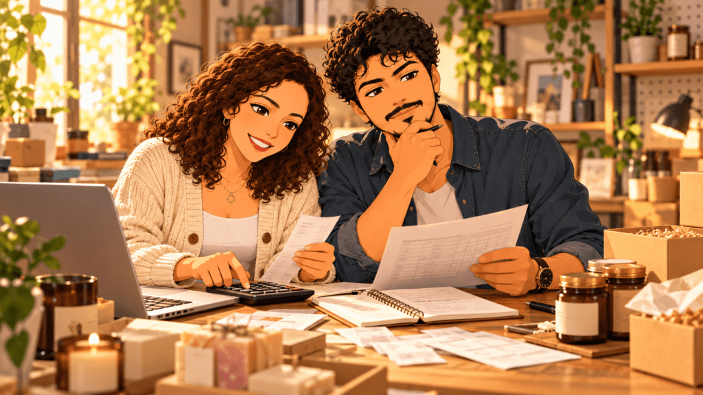 Anime couple calculating small business profit per sale with a laptop, calculator, receipts, product packaging and cost sheets.