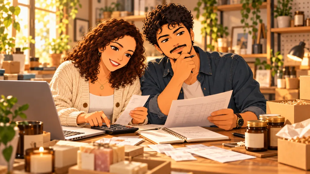 Anime couple calculating small business profit per sale with a laptop, calculator, receipts, product packaging and cost sheets.