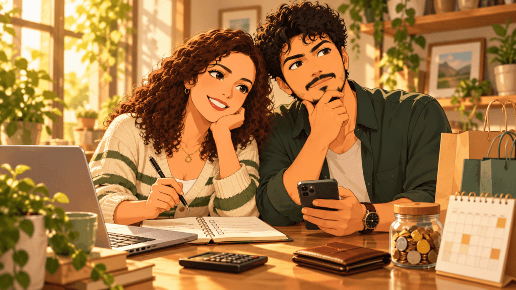 Anime couple deciding whether to make a purchase now or wait, using a phone, laptop, notebook and budget planning tools.
