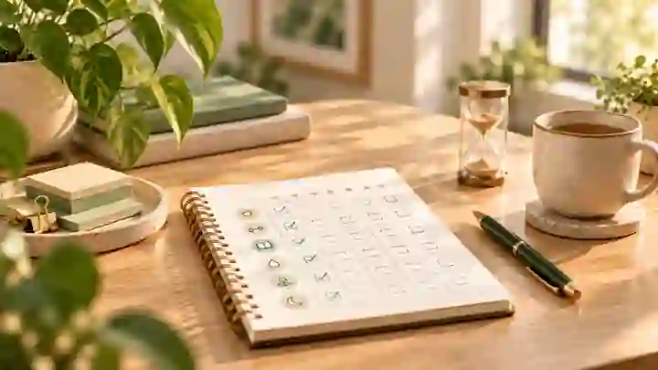 Sunlit habit-tracking desk with wellness icons, hourglass, notebook and calming green accents.