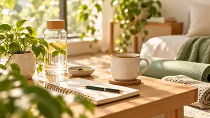 A warm sunlit hydration scene with water, tea, notebook, greenery, and a calm wellness setup representing everyday hydration and electrolyte support.