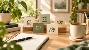 A warm sunlit wellness workspace with balanced health, rest, movement, and growth symbols representing active recovery and sustainable fitness.