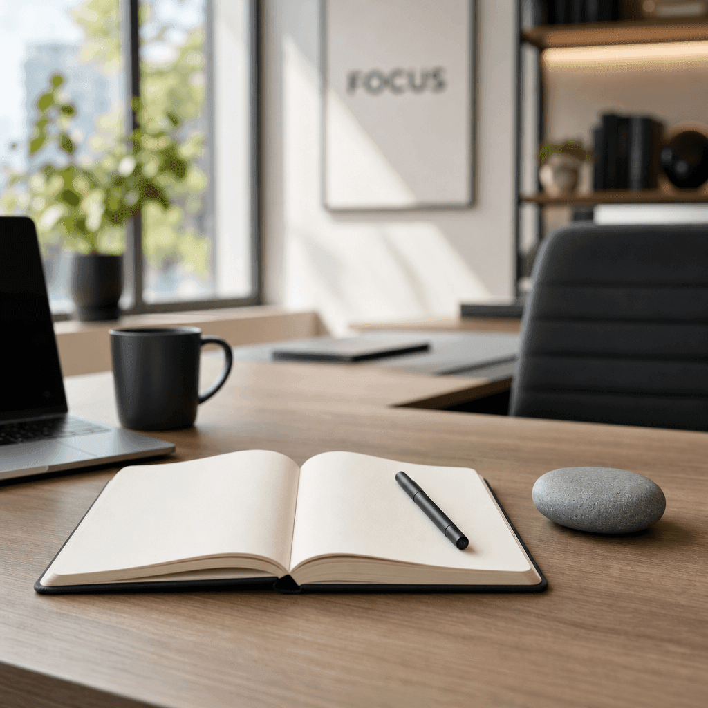 Minimal desk with an open notebook representing mental load and a to-do list
