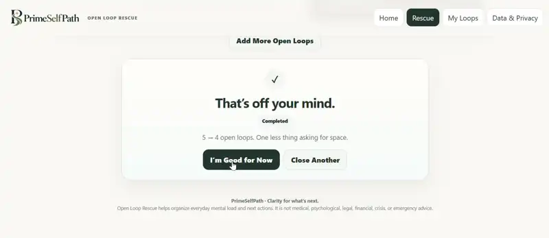 Open Loop Rescue completion screen showing one less open loop and the message That's off your mind.