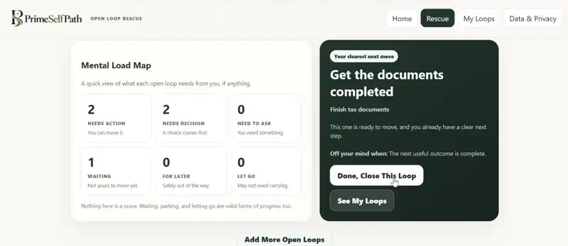 Open Loop Rescue Mental Load Map showing what needs action, a decision, waiting, or can stay quiet