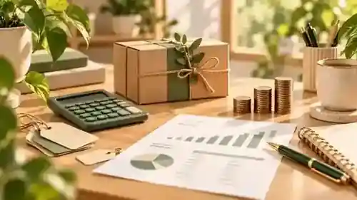 A warm PrimeSelfPath-style small business planning desk with product packaging, calculator, profit charts, price tags, notebook, and stacked coins.