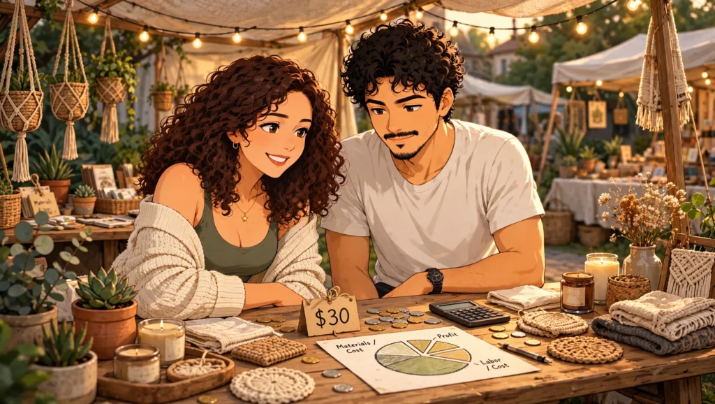 Illustration of a craft seller couple breaking down the costs of a $30 sale